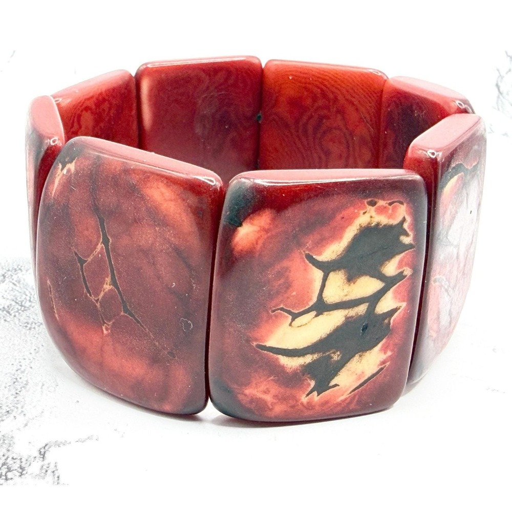 Spooky Cute Gothic Bat Stretch Bracelet Red Black Lucite Panel Halloween Jewelry